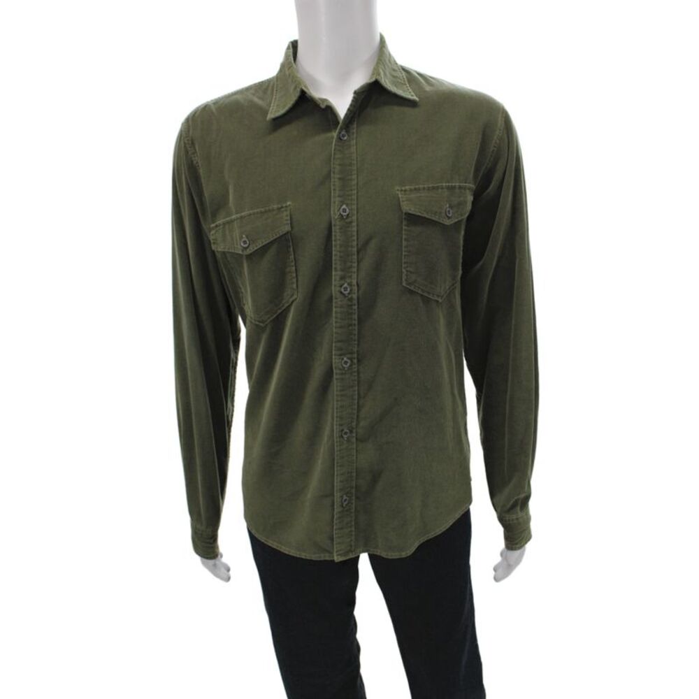 Martin Gordon Mens Button Front Long Sleeve Corduroy Collared Shirt Green Medium